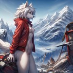 anthro areola blue_eyes bottomless breasts canid canine canis clothed clothing female fur hair jacket mammal medium_breasts mountains neutron_alchemist nipples snow solo standing topwear white_body white_fur white_hair white_tail wolf