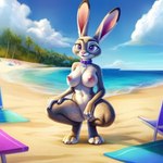 anthro beach beach_background beach_towel big_breasts breasts cloudscape collar collar_only crouching ears_up female hand_on_leg hand_on_thigh looking_at_viewer nipples nude outdoor_nudity palm_tree plant public public_exposure public_nudity seaside sky smile solo spread_legs spreading towel tree zootopia alphafox_(director) judy_hopps lagomorph leporid mammal rabbit hi_res