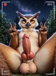 animal_genitalia animal_penis anthro avian balls beak big_balls big_penis bird black_beak brown_body brown_fur canine_genitalia canine_penis cheek_tuft chest_tuft chilon249 claws countershading crotch_shot erection facial_tuft fingerpads fluffy fur genitals gesture glans grass knot leaf looking_at_viewer male milky_way night nude outside owl pawpads penis plant recording red_penis sitting solo spreading star tuft v_sign white_body white_countershading yellow_eyes yiffymix_(model)