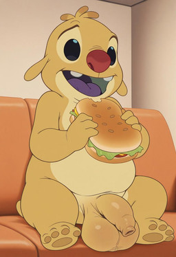 antennae_(anatomy) anthro balls big_balls big_penis black_eyes flaccid food foreskin fur genitals humanoid_genitalia humanoid_penis inside long_foreskin male nude nude_male open_mouth pawpads penis purple_tongue red_nose sandwich_(food) smile solo tongue unretracted_foreskin yellow_body yellow_fur boxen549 disney lilo_and_stitch reuben_(lilo_and_stitch) alien experiment_(lilo_and_stitch)