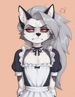 annoyed anthro black_body black_fur bodily_fluids bow_ribbon cheek_tuft chest_tuft choker clothing facial_tuft female flat_chested front_view fur grey_body grey_fur hair inner_ear_fluff jewelry long_hair maid_uniform narrowed_eyes necklace red_sclera silver_hair simple_background solo sweat sweatdrop tuft uniform upper_body white_body white_eyes white_fur foxgirlai helluva_boss loona_(helluva_boss) canid canid_demon demon hellhound mammal hi_res portrait