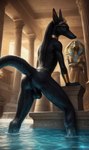 anthro anubian_jackal anus balls black_hair butt canid canine canis egyptian fur genitals hair hi_res jackal male mammal poolside presenting presenting_hindquarters raised_tail solo temple wet wet_body wet_fur