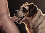 absurd_res ambiguous_gender bestiality black_nose bodily_fluids brown_body brown_fur canid canine canis content_smile cum cum_drip cum_in_mouth cum_inside domestic_dog dripping eyes_closed fellatio feral feral_penetrated fur genital_fluids gradient_background happy hi_res human human_on_feral human_penetrating human_penetrating_feral interspecies male male/ambiguous male_on_feral mammal molosser mountain_dog oral oral_penetration penetration penile penis_in_mouth saint_bernard sex shuffur side_view signature simple_background smile