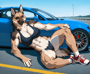 5_fingers abs anthro arm_support athletic athletic_anthro athletic_female biceps big_breasts black_clothing black_nose bottomwear bra breasts brown_body brown_fur car cheek_tuft claws cleavage clothed clothing crotch_tuft detailed_background facial_tuft female finger_claws fingers footwear fur hand_on_leg inner_ear_fluff looking_at_viewer multicolored_body multicolored_fur muscular muscular_anthro muscular_female muscular_thighs navel neck_tuft outside panties pose reclining shoes sitting smile sneakers socks solo sports_bra sports_panties spread_legs spreading tail tan_body tan_fur tuft underwear vehicle white_body white_clothing white_footwear white_fur lieutenant_chuck canid canine canis domestic_dog german_shepherd herding_dog mammal pastoral_dog hi_res