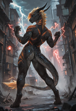 4_toes 5_fingers abs ambiguous_gender anthro biped black_body black_claws black_horn black_scales black_sclera blonde_hair blue_eyes chin_spikes city city_background city_destruction claws countershading dewclaw digitigrade facial_spikes feet fingers grey_body grey_countershading grey_scales hair horn lightning looking_aside magic male markings muscular muscular_anthro muscular_male mythology nude orange_stripes pecs pupils scales scuted_tail scutes simple_background slit_pupils solo spikes spikes_(anatomy) standing stripes tail_tuft toes tuft vibrant_colors kalethorebiter kaleth_(kalethorebiter) dragon mythological_creature mythological_scalie scalie western_dragon digital_media_(artwork) hi_res