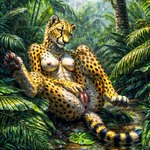 anthro anus attempted_signature black_spots breasts cheetah colored countershading felid feline female forest fur genitals hi_res jungle mammal nature nature_background nipples plant presenting pussy rainforest raining solo spots spotted_body spotted_fur tree white_body white_countershading wolfs-chaser yellow_body yellow_fur