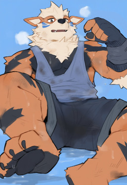 4_toes anthro athletic black_background black_eyes black_pawpads bodily_fluids bottomwear clothing dirty feet fingerless_gloves front_view gloves handwear low-angle_view male open_mouth pawpads shirt shorts simple_background sitting solo sweat tank_top toes topwear philip_ovo nintendo pokemon arcanine generation_1_pokemon pokemon_(species) hi_res