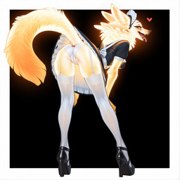 4_ears accessory anthro arm_tuft bent_over biped black_clothing black_dress black_footwear black_shoes blue_eyes bottomwear breasts butt camel_toe cheek_tuft clothed clothed_anthro clothed_female clothing dress elbow_tuft eyelashes facial_tuft fangs female female_anthro fluffy fluffy_tail footwear frilly frilly_clothing fully_clothed fur furgonomic garter_straps genital_outline glowing glowing_body headgear headwear heart_symbol high_heels inner_ear_fluff legwear long_tail looking_at_viewer looking_back looking_back_at_viewer maid_headdress maid_uniform medium_breasts multi_ear narrowed_eyes neck_tuft open_mouth open_smile panties presenting presenting_hindquarters raised_tail seductive shoes skirt slim smile solo stockings straps tail tail_under_skirt teeth thigh_highs tongue tongue_out tuft underwear uniform upskirt white_clothing white_footwear white_legwear white_panties white_stockings white_underwear yellow_body yellow_fur zeez18 mylar_(discreet_user) canid canine fox mammal full-length_portrait hi_res portrait