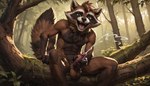 anthro branch brown_body brown_eyes brown_fur claws detailed_fur ejaculation fluffy fluffy_fur fluffy_tail forest forest_background fur hair looking_at_viewer male masturbating nature nature_background open_mouth plant sitting solo spiky_hair spread_legs spreading tree medlem rocket_raccoon mammal procyonid raccoon detailed hi_res