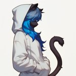 anthro black_body black_fur black_nose blue_hair clothing female fur glistening glistening_hair gradient_hair hair hair_over_eyes hands_in_both_pockets hood_up hoodie inner_ear_fluff side_view simple_background solo tail topwear tuft white_background white_clothing white_hoodie white_topwear sappy_(director) domestic_cat felid feline felis mammal hi_res portrait