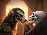 ambiguous_gender anthro black_nose bone brown_body brown_fur canid canine cloak clothing duo fur hi_res magic_user male male/male mammal markings mohawk shaman skull smiley teeth tribal tribal_markings tribal_spellcaster white_body white_fur