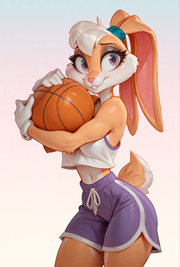 accessory anthro basketball basketball_uniform bottomwear clothed clothing female fur gloves hair hair_accessory hairband handwear hugging_object looking_away midriff purple_clothing purple_eyes shirt shorts skimpy solo sportswear tan_body tan_fur tank_top topwear uniform warner_brothers white_hair loren_iipsum looney_tunes lola_bunny lagomorph leporid mammal rabbit hi_res