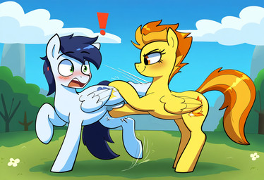 ballbusting balls blue_hair brown_eyes cock_and_ball_torture dominant dominant_female duo female feral genital_torture genitals green_eyes hair male male/female smile submissive submissive_male tail wings prompter:nuttyhoof friendship_is_magic my_little_pony soarin_(mlp) spitfire_(mlp) wonderbolts_(mlp) equid equine horse mammal pegasus pony