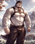 anthro billford bladewolf74 bottomwear bulge canid canine canis clothed clothing harness hi_res looking_at_viewer male mammal muscular muscular_male pants shirt smile solo topwear wolf