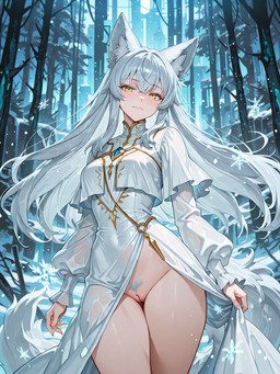 bottomless clothed clothing clothing_aside dress dress_aside female genitals looking_at_viewer pubes pussy snow solo standing winter denis0k canid canine canis humanoid mammal wolf hi_res