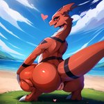 <3 big_butt butt crouching digimon_(species) digitigrade director_motherli female feral genitals grass guilmon hi_res lake looking_at_viewer looking_back looking_back_at_viewer markings plant pussy scalie slightly_chubby solo thick_tail thick_thighs wide_hips