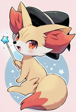 ambiguous_gender blush blush_lines clothing fangs feral fur hat headgear headwear holding_object inner_ear_fluff looking_at_viewer looking_back magic magic_wand open_mouth orange_body orange_eyes orange_fur paws simple_background sitting solo sparkles star tail teeth tongue tuft white_body white_fur witch_hat yellow_body yellow_fur kaigamiaikemono nintendo pokemon canid canine fennekin generation_6_pokemon mammal pokemon_(species) 2025 hi_res