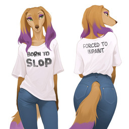 bottomwear brown_body brown_fur butt clothed clothing denim denim_bottomwear denim_clothing eyeshadow female fur green_eyes hair highlights_(coloring) humor jeans makeup multiple_angles pants purple_hair rear_view shirt simple_background solo standing t-shirt tail text text_on_clothing text_on_topwear topwear white_background unknown_director canid canine canis domestic_dog hunting_dog mammal saluki sighthound 1:1 english_text hi_res meme