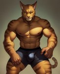 abs anthro areola barazoku bethesda_softworks black_boxer_briefs black_clothing black_underwear boxer_briefs bulge clothing felid feline fur khajiit looking_at_viewer male mammal muscular muscular_anthro muscular_male navel nipples riseflux seductive solo the_elder_scrolls underwear whiskers yellow_eyes