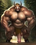 animal_genitalia animal_penis anthro balls benjohnson big_balls big_penis blonde_hair bodily_fluids bottomwear bovid bovine cattle clothing equine_genitalia equine_penis forest genitals hair hi_res hooves horn loincloth looking_at_viewer male mammal minotaur muscular nipples outside pecs penis plant pose solo standing sweat sweaty tree