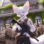 anthro building clothed clothing dall-e_3 fangs fully_clothed fur group gun holding_gun holding_object holding_weapon male open_mouth outside ranged_weapon rifle sharp_teeth slight_blush smile soldier tactical_gear teeth tongue warrior weapon white_body white_fur lucifluffy wilek canid canine fennec fox human mammal