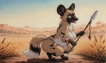 anthro big_ears breasts breath clothing crouching curvy_figure digitigrade exposed_breasts female fluffy_body fur melee_weapon multicolored_body multicolored_fur nipples panties panting polearm savanna slightly_chubby solo spear sunny tan_body tan_fur two_tone_body two_tone_fur underwear weapon yellow_eyes slingsting african_wild_dog canid canine mammal