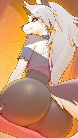 anthro big_butt black_body black_clothing black_fur black_nose bottomwear butt butt_focus camel_toe clothed clothing collar crop_top eyelashes female fluffy fluffy_tail fully_clothed fur genitals grey_body grey_fur hair inside looking_at_viewer looking_back looking_back_at_viewer pants pussy shirt silver_hair sitting smile solo spiked_collar spikes topwear white_body white_fur electroworld hellaverse helluva_boss loona_(helluva_boss) canid canid_demon canine canis demon hellhound mammal wolf cropped edit hi_res