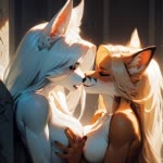 anthro blonde_hair blush breast_grab breasts duo female female/female fur hair hand_on_breast kissing long_hair medium_breasts nipples nude tongue white_hair magacitl canid canine fox mammal animated webm