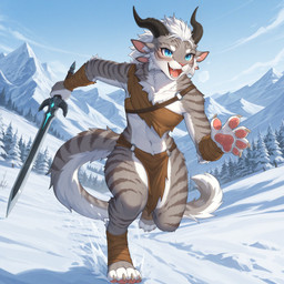 anthro blue_eyes bottomwear clothing female fluffy fluffy_tail fur grey_body grey_fur horn loincloth melee_weapon multi_ear snow solo sword weapon milkcharr guild_wars charr felid mammal hi_res