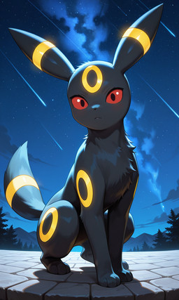 3_toes black_body black_fur cloud feet feral fluffy fluffy_tail fur glowing glowing_markings long_ears looking_at_viewer male markings mountains night paws plant red_sclera shooting_star sitting sitting_on_ground solo star tail toes tree yiff_ai_(director) nintendo pokemon eeveelution generation_2_pokemon pokemon_(species) umbreon hi_res