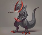 anthro black_body genitals looking_away male masturbation penis solo standing text lightning7 nintendo pokemon generation_5_pokemon haxorus pokemon_(species) hi_res