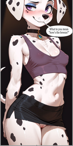 anthro black_background black_bottomwear black_clothing black_skirt black_spots blue_eyeshadow blue_jewelry blush blush_lines bodily_fluids body_blush bottomwear breasts canine_nose choker cleavage clothed clothing dialogue eyebrows eyeshadow female fur gem genitals ineffective_clothing jewelry makeup miniskirt navel necklace nervous nipple_outline pendant plump_labia purple_clothing purple_eyes purple_topwear pussy pussy_blush pussy_peek raised_eyebrow shirt simple_background skirt slim slim_female small_breasts smile solo speech_bubble spots spotted_body spotted_fur sweat sweatdrop sweaty_body sweaty_face tank_top teeth topwear upskirt white_body white_fur whigwham canid canine canis dalmatian domestic_dog mammal absurd_res hi_res