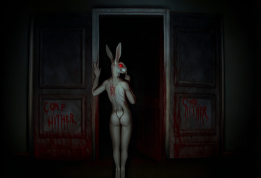 anthro blood blood_writing bodily_fluids butt closed_smile creepy creepy_smile dark_background demonic door doorway dripping_blood fur glowing glowing_eyes horror_(theme) legs_together looking_at_viewer looking_back looking_back_at_viewer male occult_symbol pentagram red_eyes scar scared scary shadows shush smile smirking_at_viewer solo standing standing_in_doorway symbol tail_tuft tease text tuft white_body white_fur 5tr1k3r halloween_2025 lagomorph leporid mammal rabbit english_text story story_in_description