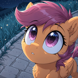 cub eyelashes female feral flower fluffy fur galaxy_eyes grass looking_up mane night orange_body orange_fur outside plant purple_eyes sky solo star tail wide_eyed wings yiffmix_v61_(model) young daren666 friendship_is_magic my_little_pony scootaloo_(mlp) equid equine mammal pegasus absurd_res hi_res stable_diffusion