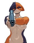 anthro big_breasts breasts ears_down female fur gun looking_at_viewer looking_down mottled multicolored_body multicolored_fur nude nude_female orange_eyes piebald pivoted_ears ranged_weapon smile smirk solo weapon ahogagu fortnite meow_skulls_(fortnite) calico_cat domestic_cat felid feline felis mammal hi_res