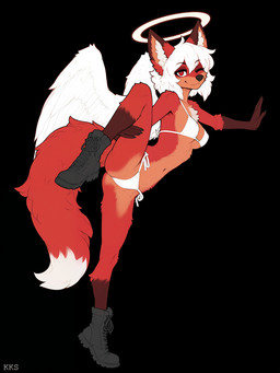 anthro bikini boots clothing countershade_torso countershading dipstick_tail feathered_wings feathers female footwear fur hair halo markings one_eye_closed one_leg_up raised_leg red_body red_eyes red_fur simple_background solo spread_legs spreading stretching swimwear tail_markings white_hair wings wink krickracsac angel canid canine canis fox mammal wolf absurd_res hi_res watermark