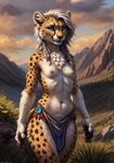 anthro blue_eyes bottomwear braided_hair breasts chest_tuft clothing ear_piercing female fluffy fluffy_body gem hair jewelry loincloth looking_at_viewer nipples outside piercing silver_hair slim small_breasts solo spots standing tribal tribal_clothing tribal_jewelry tuft undercut wavy_hair flashasmile101 cheetah felid feline mammal hi_res