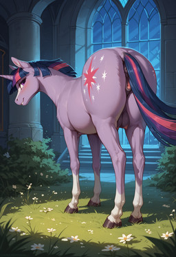 animal_genitalia animal_pussy butt butt_focus dungeon equine_pussy female feral genitals grass horn looking_at_viewer looking_back night plant presenting presenting_pussy pussy smile solo teats negasun friendship_is_magic my_little_pony twilight_sparkle_(mlp) equid equine horse mammal pony unicorn absurd_res hi_res