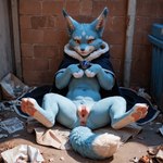 anus blue_body cloak clothed clothing dirty female feral gem lying_on_back pawpads paws solo spread_legs spreading tail animalshenmi nox_(pal) hi_res