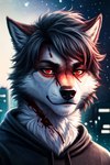 anthro black_nose blood blood_from_eye blood_on_face bodily_fluids city city_background fur hair male neck_tuft neutral_expression red_eyes redwolff117 solo tuft white_body white_fur white_hair canid canine canis mammal wolf