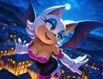 anthro breasts building butt cleavage clothed clothing cloud detailed_background eyeshadow female flying full_moon fur makeup moon night open_mouth open_smile smile sonic_the_hedgehog_(series) tan_body tan_skin white_body white_fur wings oreana2102 rouge_the_bat chiropteran mammal