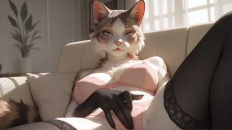 anthro blue_eyes bra clothing female fur furniture looking_at_viewer masturbation_through_clothing multicolored_body multicolored_fur neck_tuft on_sofa panties pink_clothing pink_underwear sitting sofa solo tuft underwear skotuk domestic_cat felid feline felis mammal hi_res