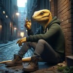 anthro boots bottomwear cigarette clothed clothing denim denim_clothing footwear hoodie jeans male pants scales sitting sitting_on_ground solo topwear yellow_body yellow_eyes yellow_scales omgechounknown lizard lizardman reptile scalie hi_res