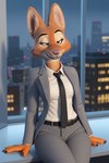 anthro belt canid canine city cityscape clothed clothing diane_foxington female fox looking_at_viewer mammal necktie office_clothing seductive sitting solo