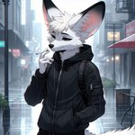 anthro canid canine cigarette clothing detailed_background drugs fennec fox fur lucifluffy male mammal solo techwear white_body white_fur wilek