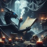 black_body black_scales black_wings blue_eyes bone candle feral inside library male pipe reading reclining scales scroll skull smoke smoking solo wings loganth dragon