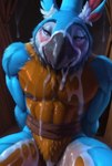 abs anthro beak blue_body blue_feathers bodily_fluids breath_of_the_wild crouching cum cum_covered cum_drip cum_everywhere cum_on_body cum_on_chest cum_on_face dripping excessive_cum excessive_genital_fluids feathers genital_fluids inside looking_up male messy muscular muscular_male narrowed_eyes nintendo nipples nude pecs seductive solo the_legend_of_zelda shuffur kass_(tloz) avian bird rito absurd_res hi_res