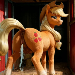 animal_genitalia animal_pussy bodily_fluids clothing cowboy_hat equine_pussy female feral genital_fluids genitals hat headgear headwear looking_at_viewer pussy solo teats urine watersports flanwithaplan_(director) friendship_is_magic my_little_pony applejack_(mlp) equid mammal animated short_playtime webm