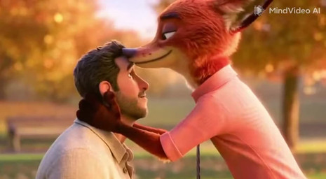 4_fingers anthro blurred_background butt close_up clothed clothing duo english_audio fingers fully_clothed fully_clothed_anthro fur human_on_anthro interspecies kissing low-angle_view male male/male multicolored_body multicolored_fur nuzzling pink_clothing pink_shirt pink_topwear shirt sora_2 standing tail topwear whisker_spots shut_up_and_watch disney zootopia nick_wilde canid canine fox human mammal animated short_playtime sound webm