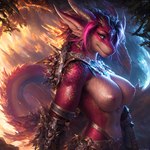 abstract_background absurd_res anthro big_breasts breasts clothed clothing dragon female hi_res horn looking_at_viewer looking_back looking_back_at_viewer matrixonigiri multicolored_body nipples non-mammal_breasts non-mammal_nipples partially_clothed scalie seductive solo two_tone_body